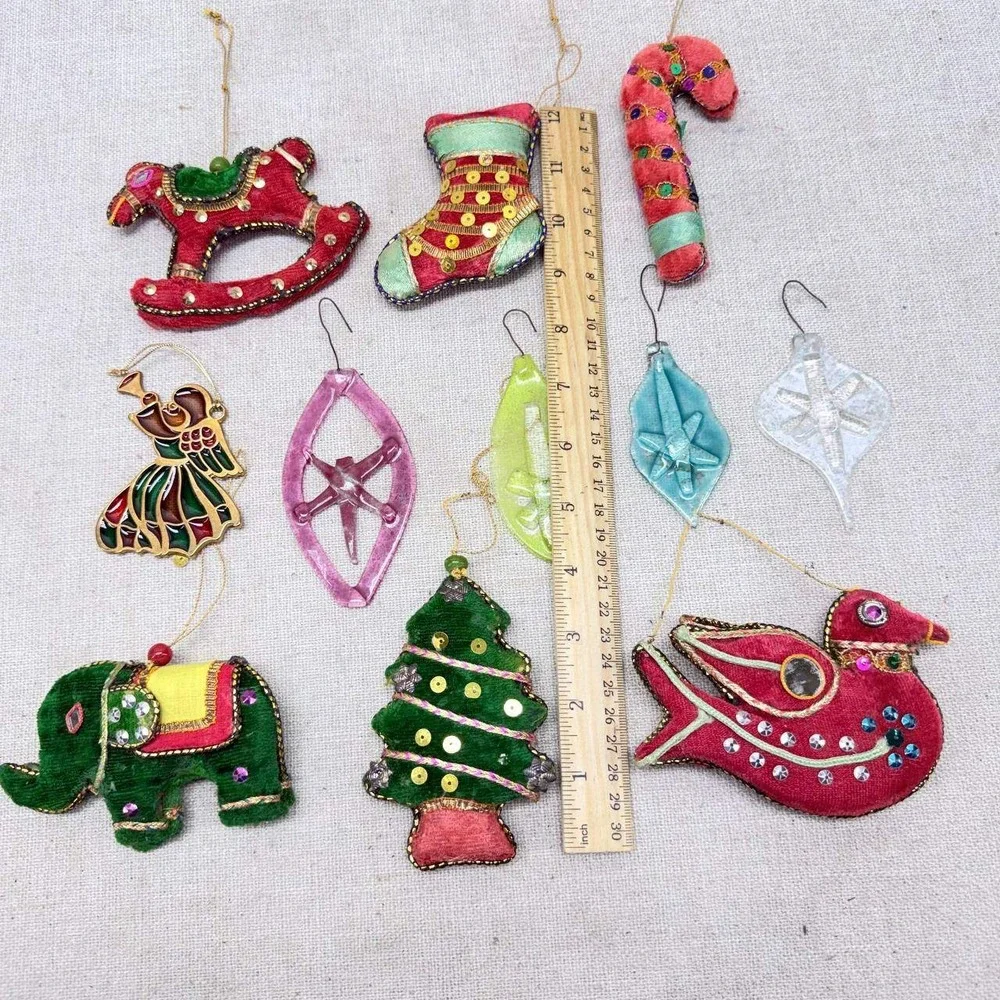Vintage Mixed Christmas Ornaments Set 11 Velvet Sequin Resin Metal Angel Boho
